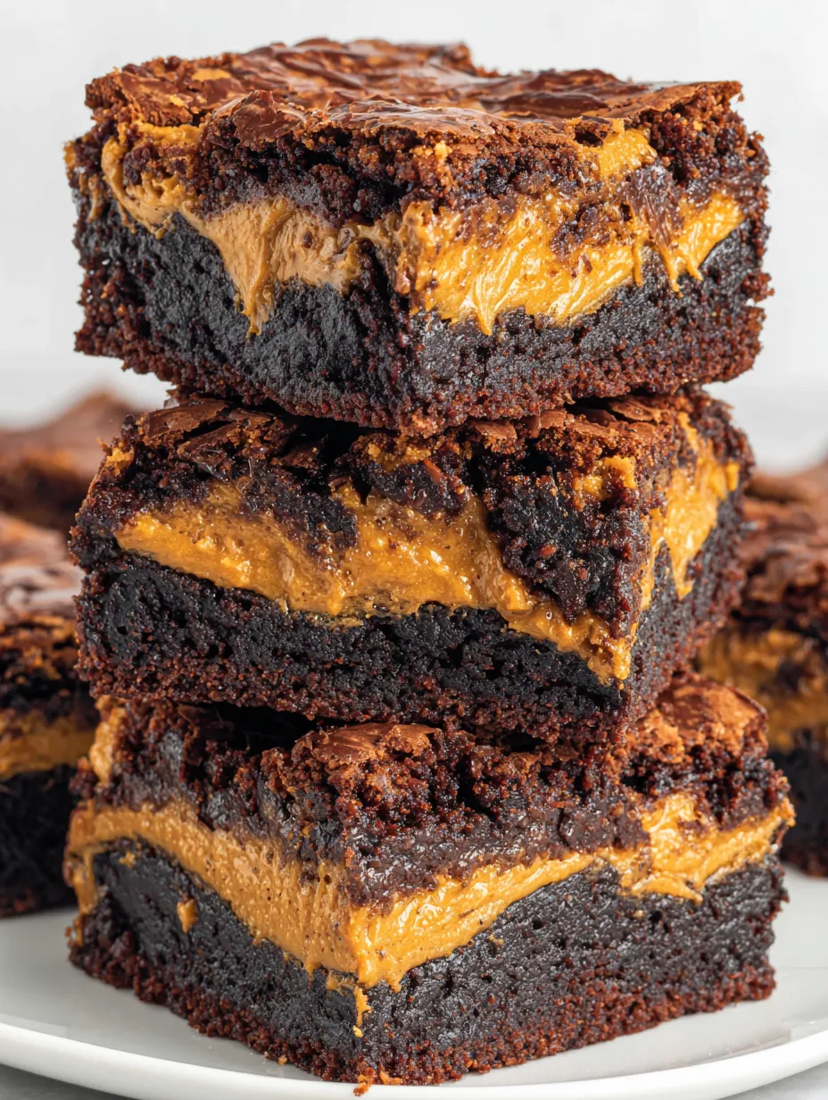 A stack of brownies with caramel drizzle.