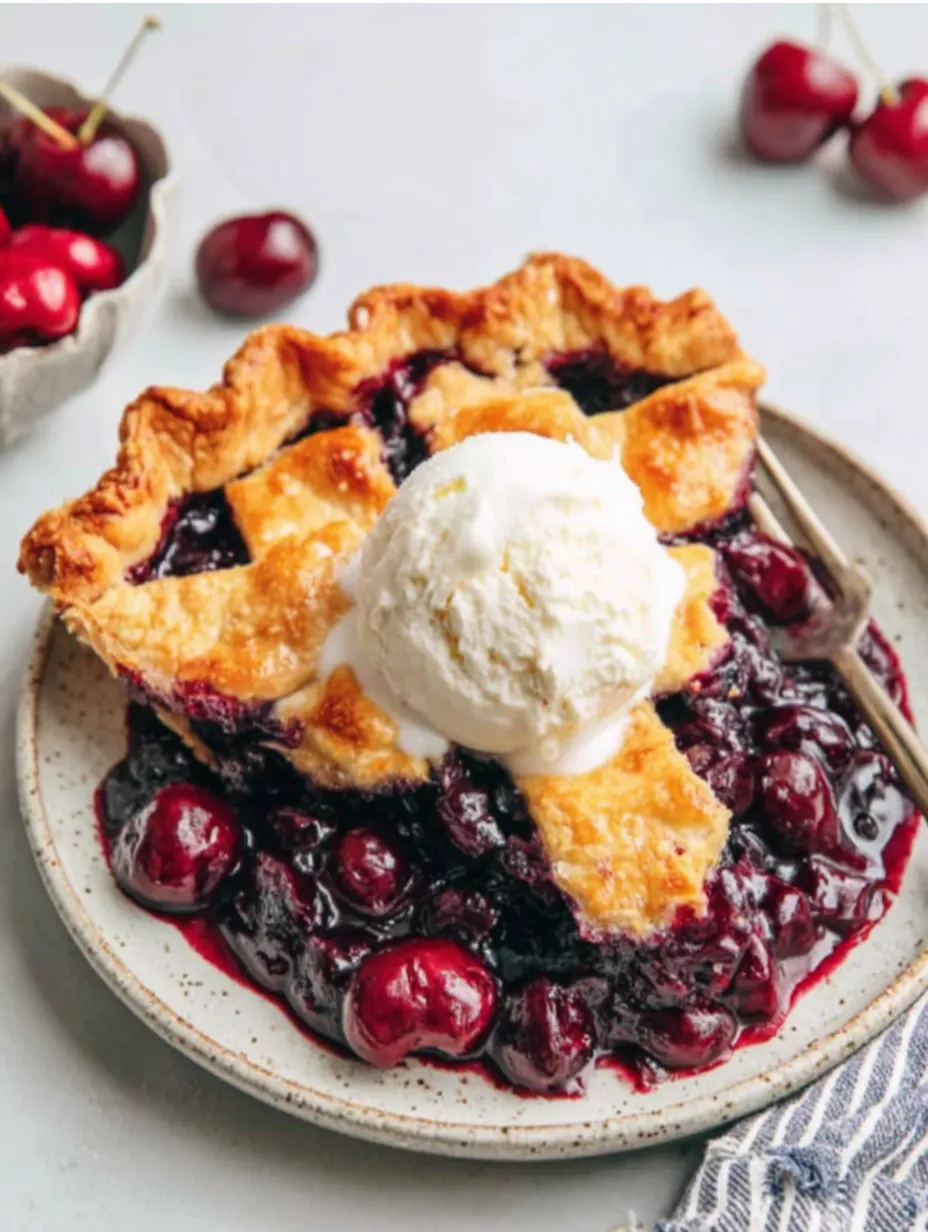 A slice of cherry pie with a scoop of ice cream on top.
