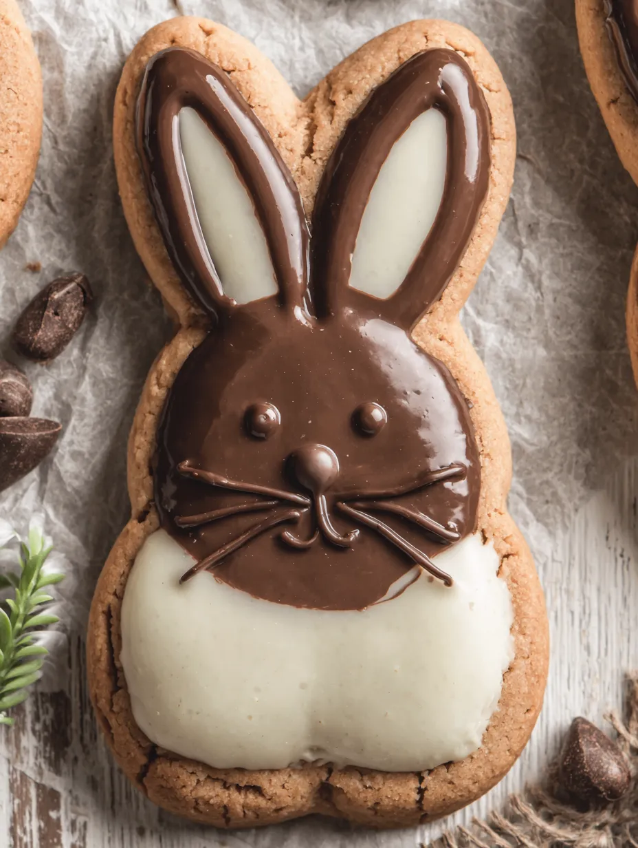 A chocolate bunny cookie with white frosting.