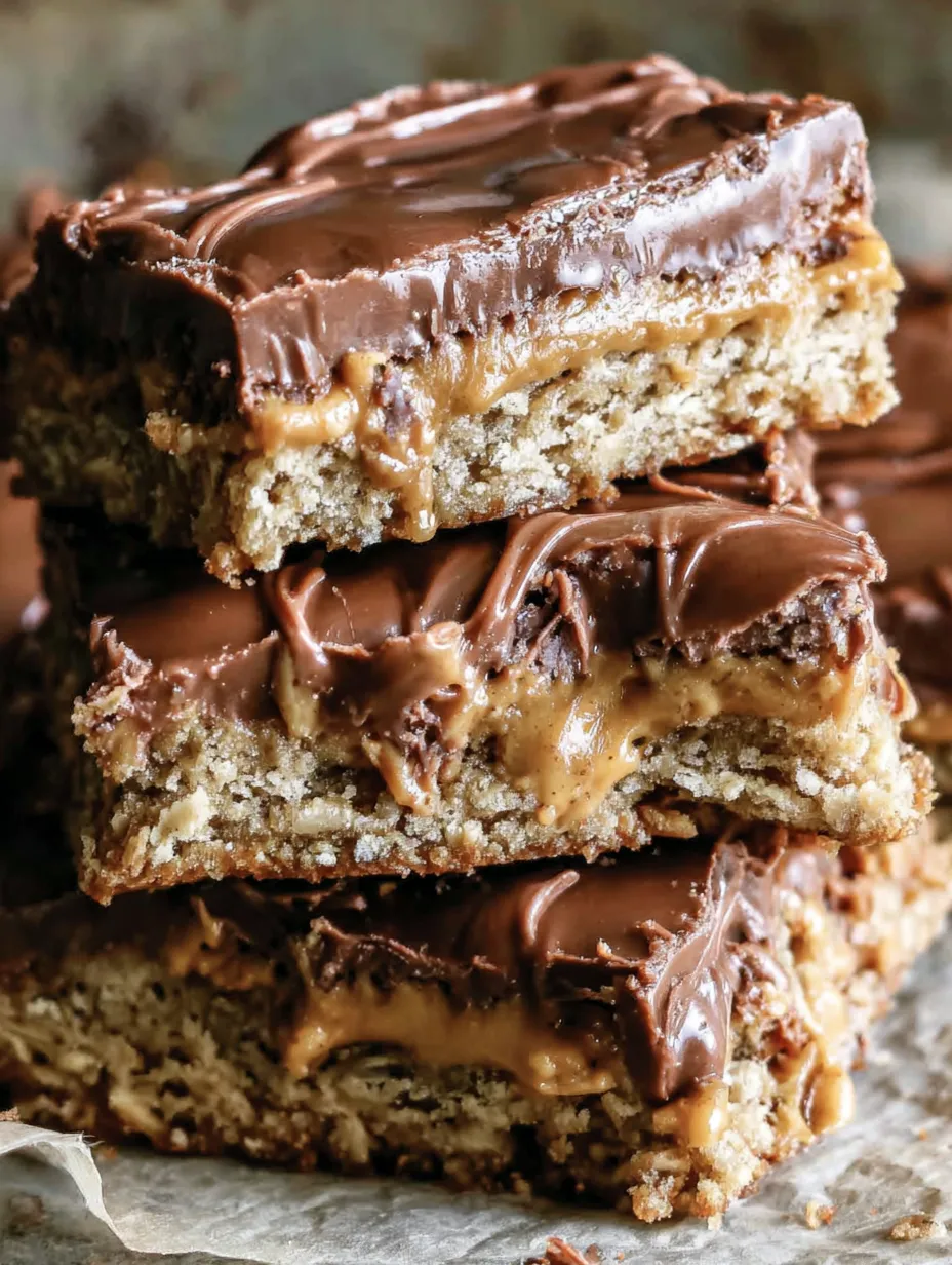 Peanut butter oat bars stacked on top of each other.