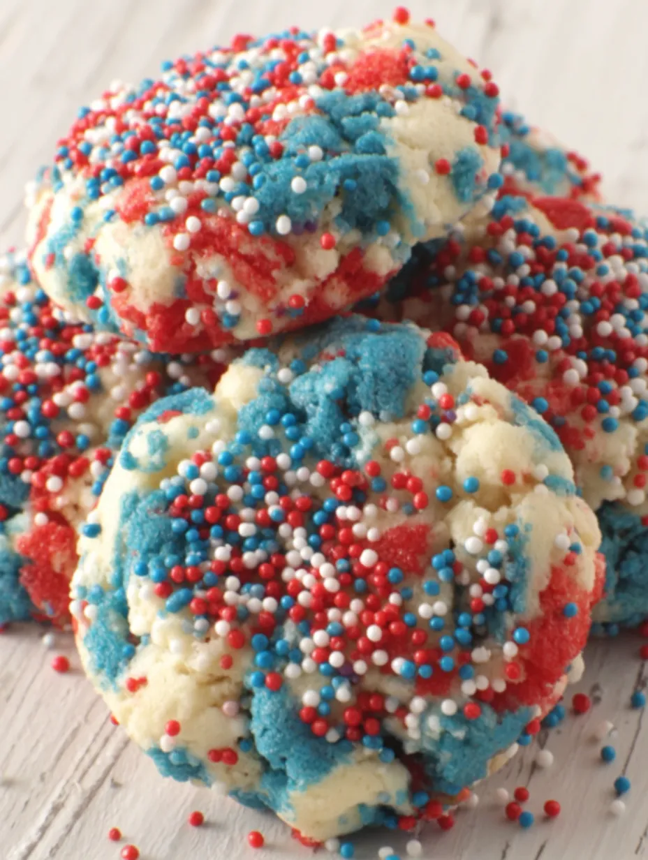 A stack of red, white and blue sprinkle cookies.