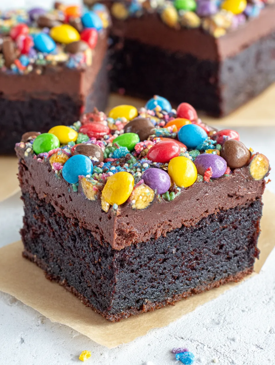 A close up of a chocolate cake with colorful candy on top.