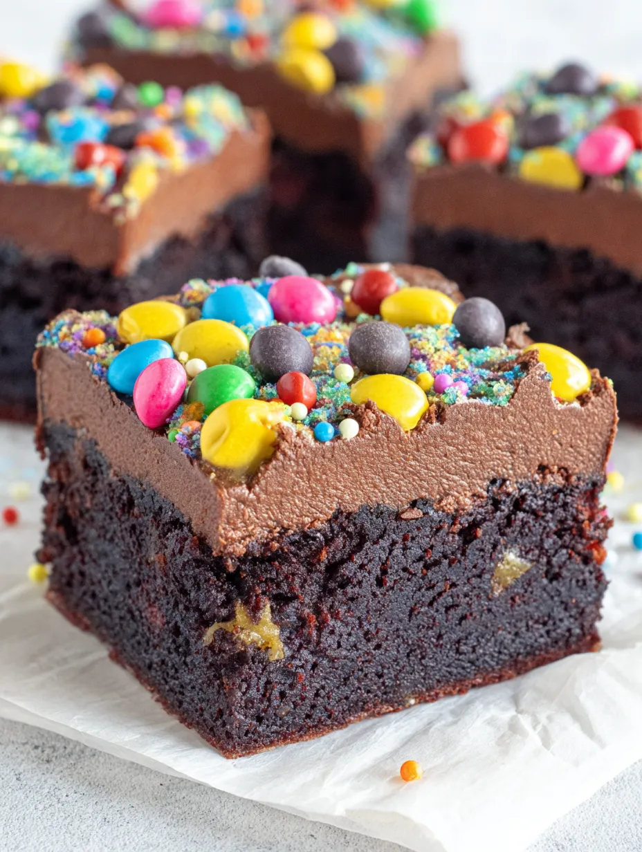 A close up of a chocolate dessert with colorful sprinkles.