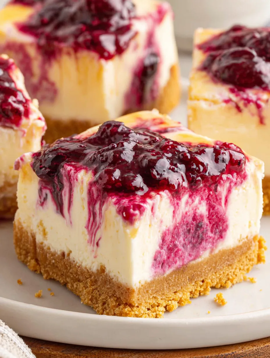 A slice of No Bake Berry Cheesecake Bars.