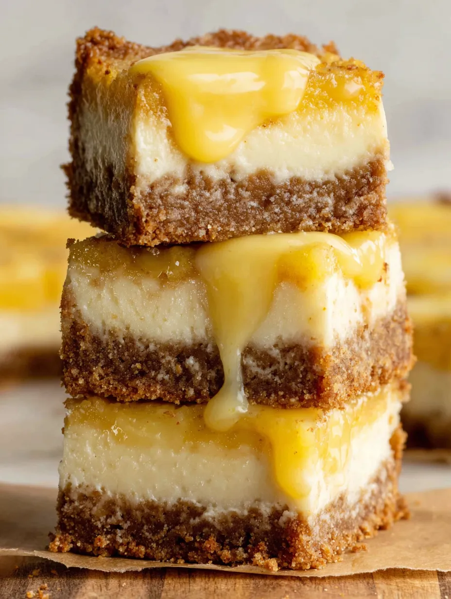 Lemon cheesecake bars stacked on top of each other.