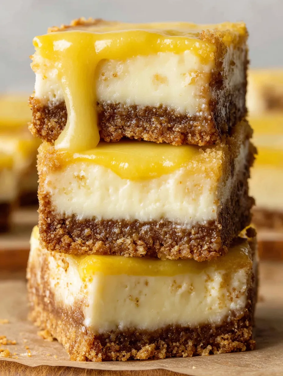 Lemon cheesecake bars stacked on top of each other.