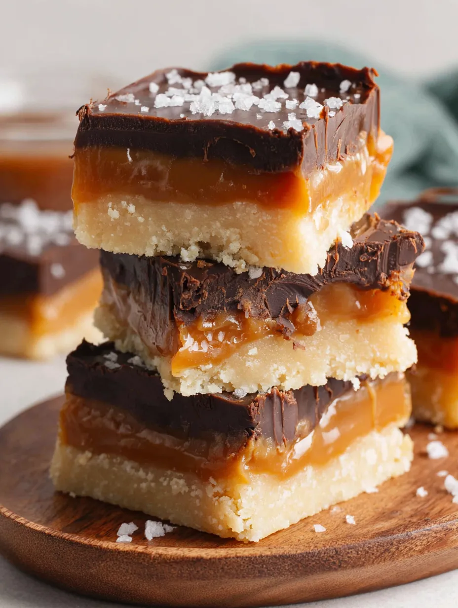 Millionaire shortbread bars stacked on a wooden table.