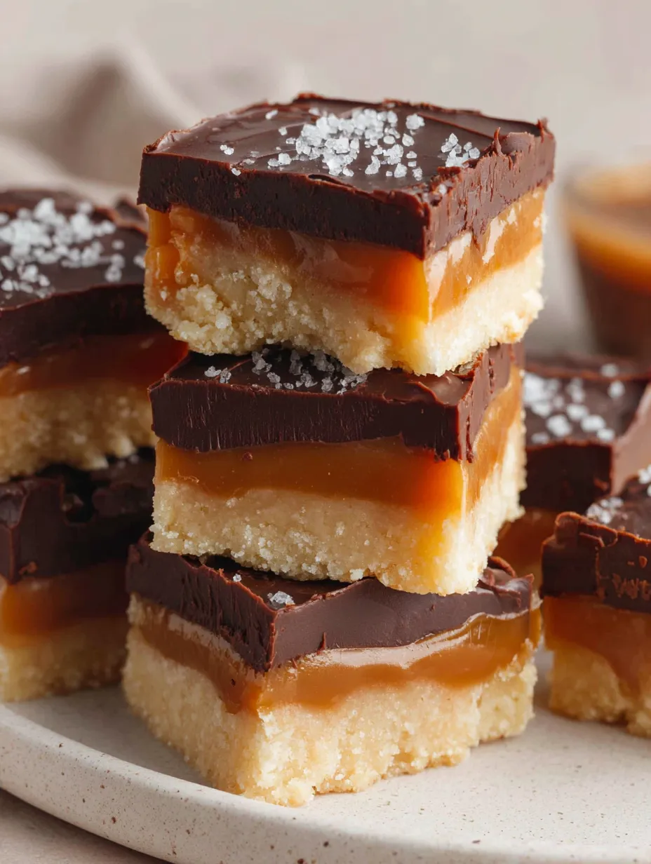 Millionaire shortbread bars with caramel sauce.