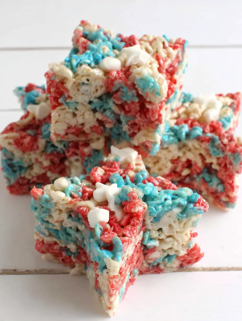 A stack of red, white and blue rice krispie treats.