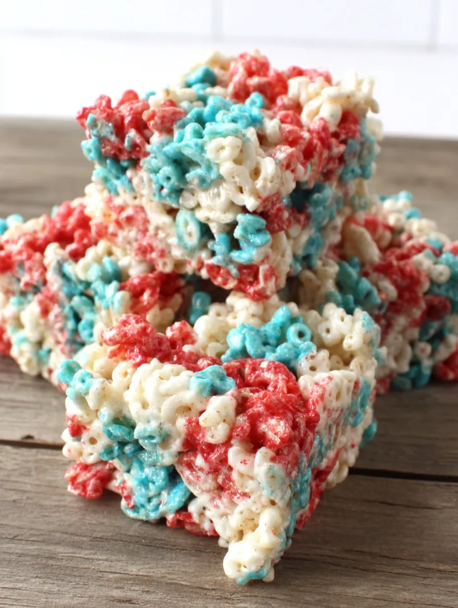 A stack of red, white and blue rice krispie treats.