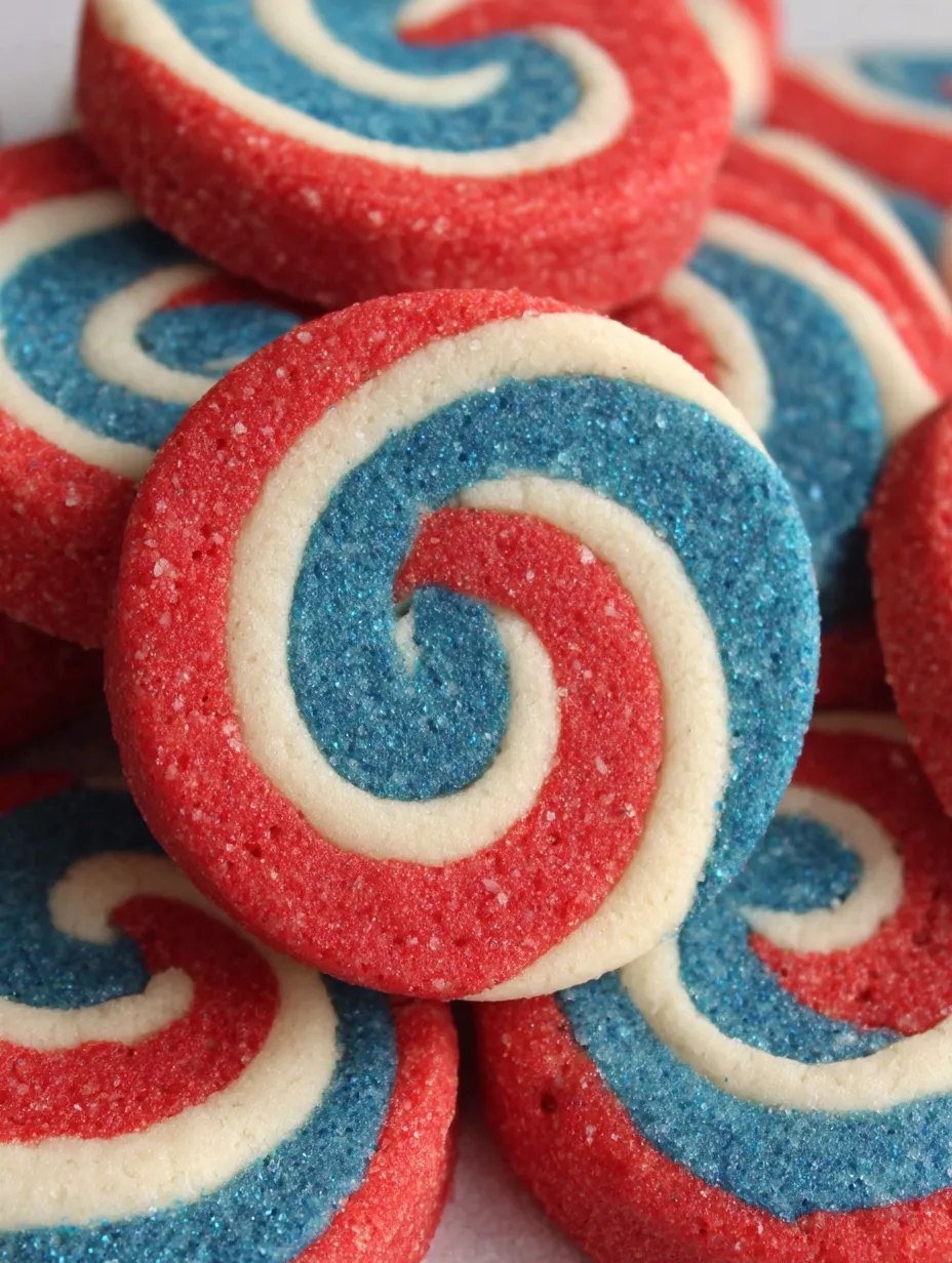 Red, white and blue pinwheel icebox cookies.