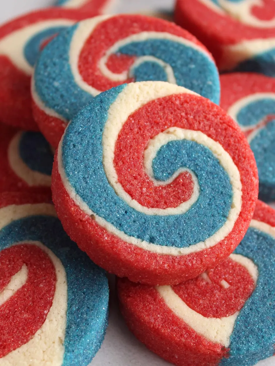 Red, white and blue pinwheel icebox cookies.