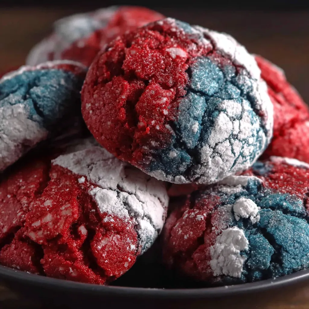 A plate of red, white, and blue crinkle cookies.