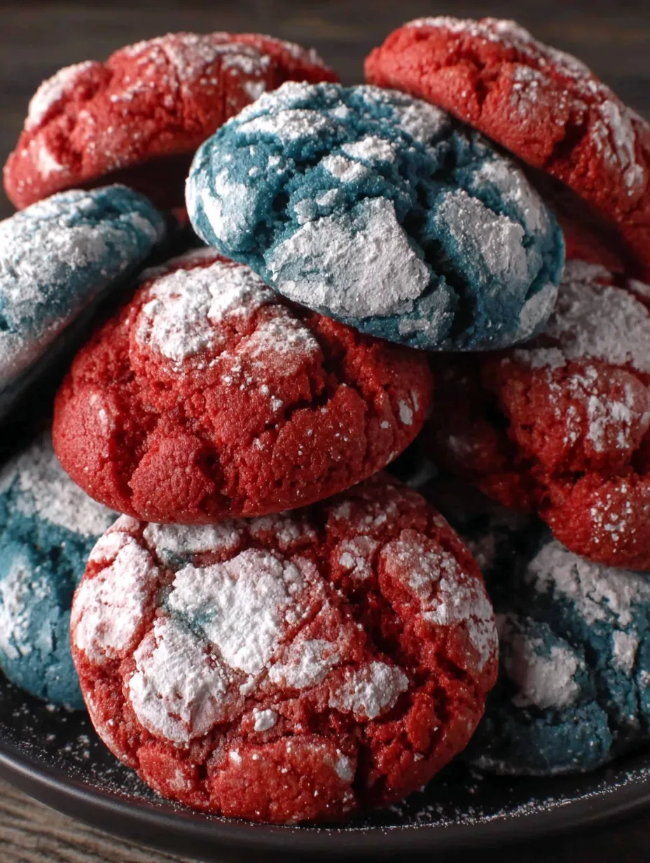 A stack of red, white, and blue crinkle cookies.