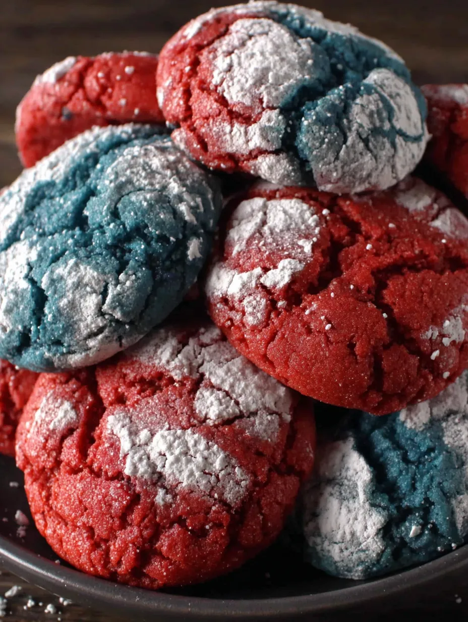 A stack of red, white, and blue crinkle cookies.