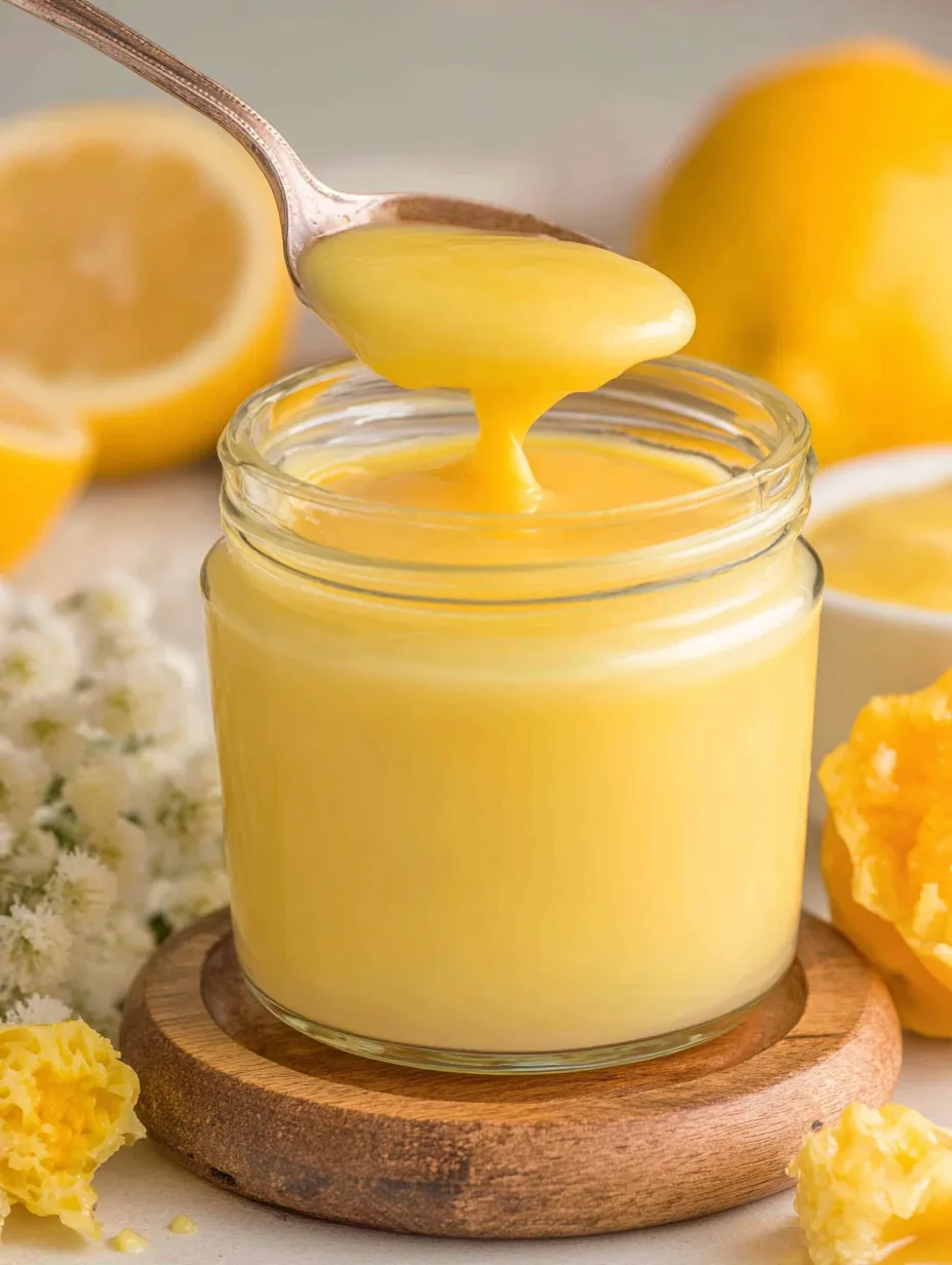 A jar of lemon curd with a spoon in it.