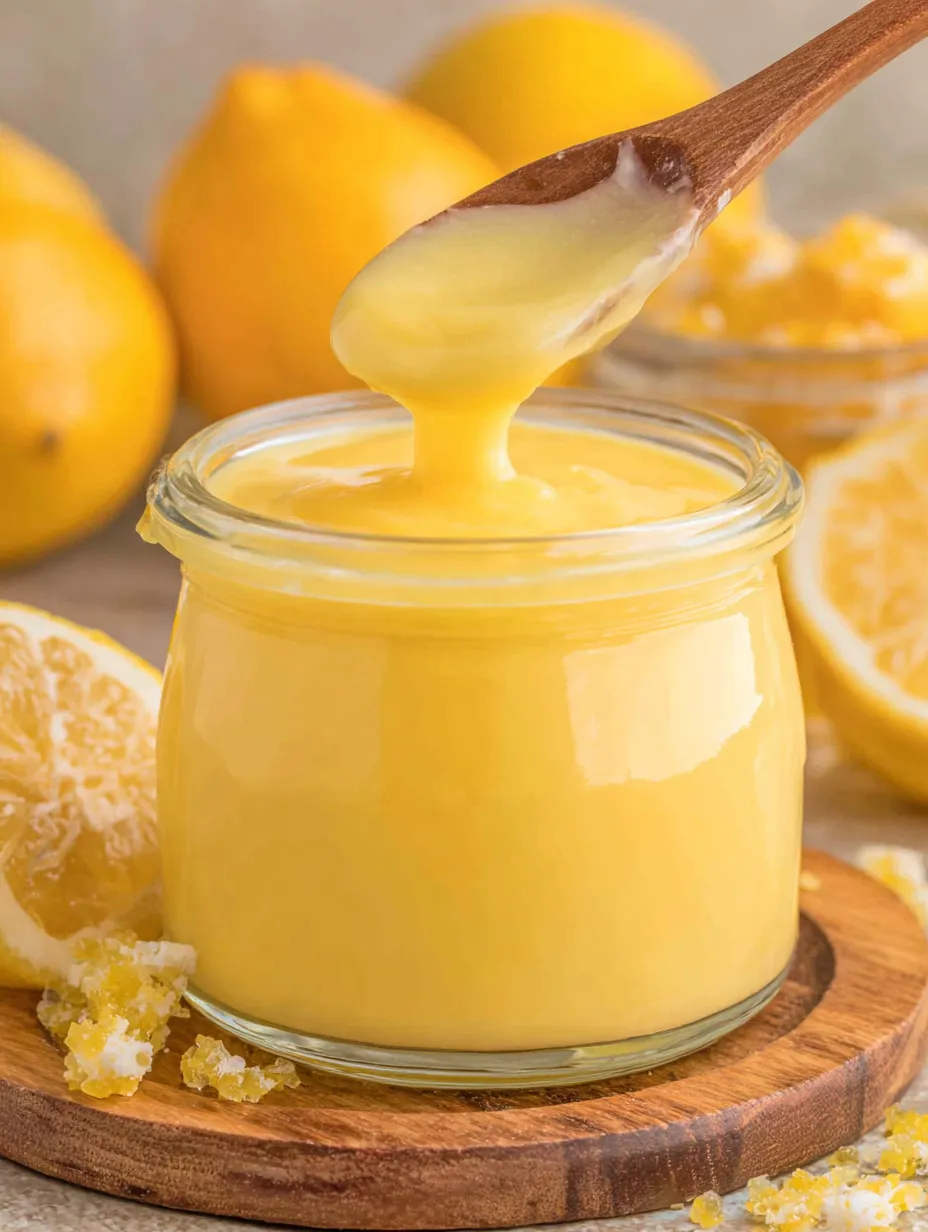 A jar of lemon curd with a spoon in it.