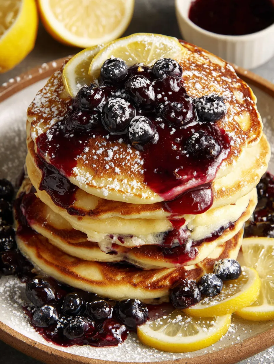 A stack of pancakes with blueberries and lemon syrup.