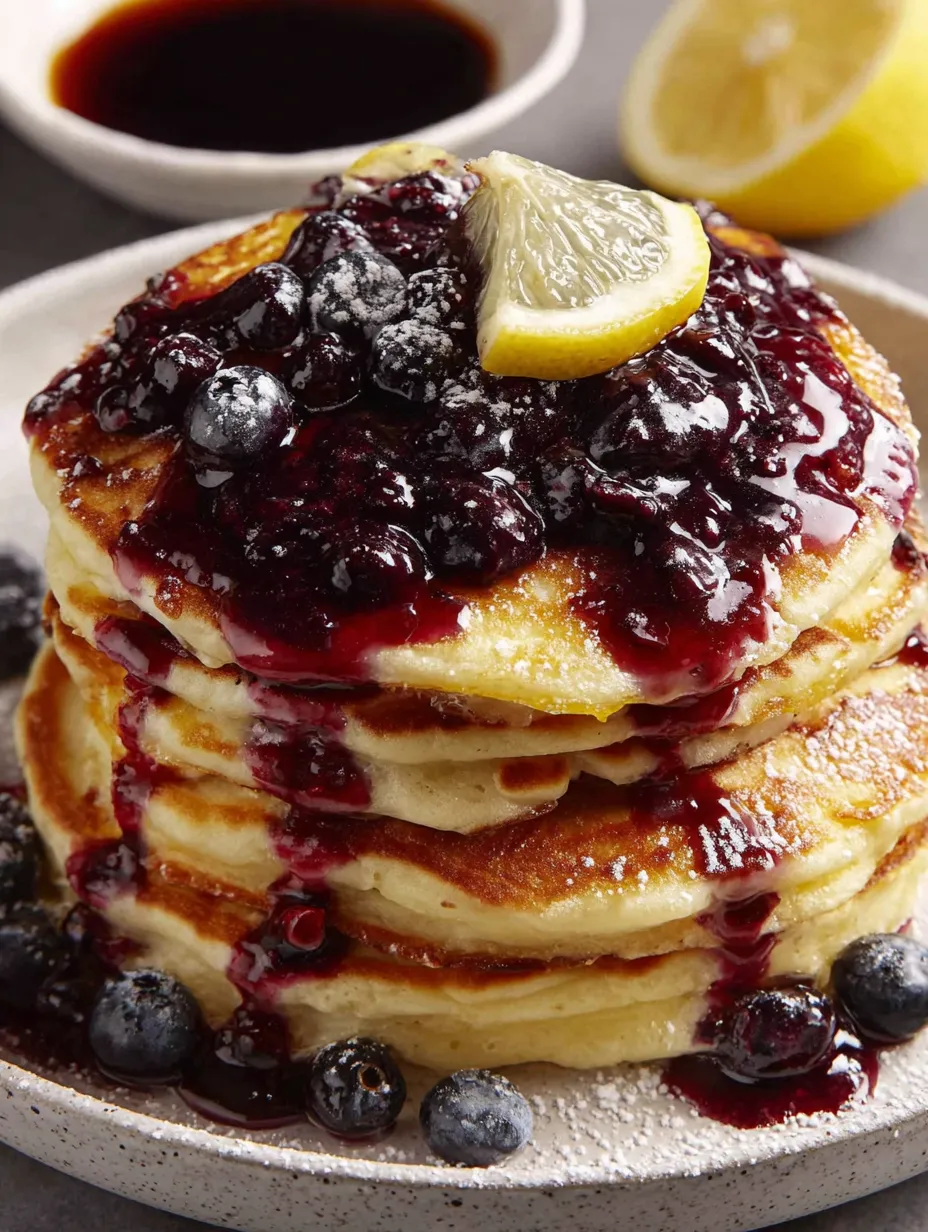 A stack of pancakes with blueberries and lemon on top.