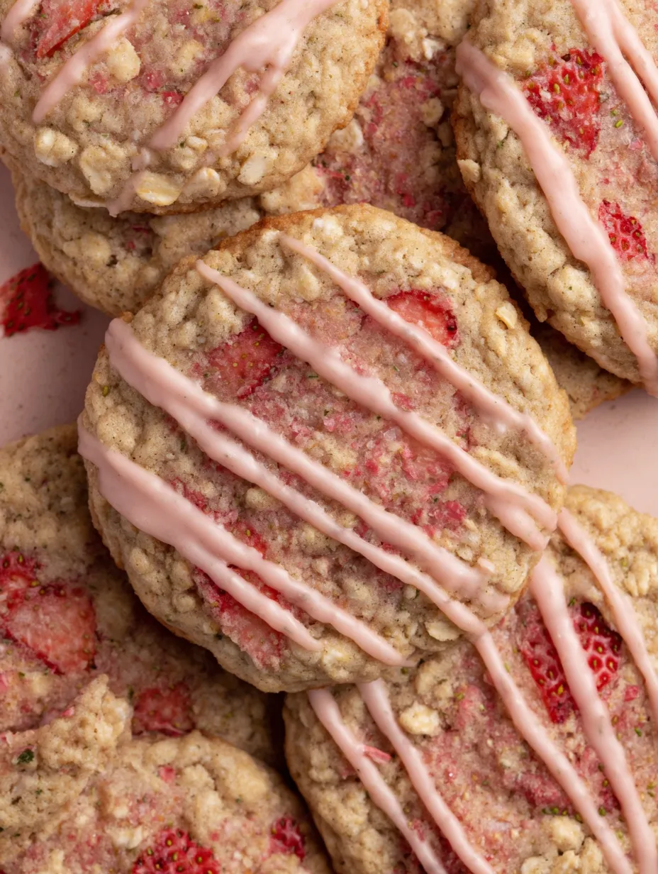 A close up of a strawberry iced oatmeal cookie.