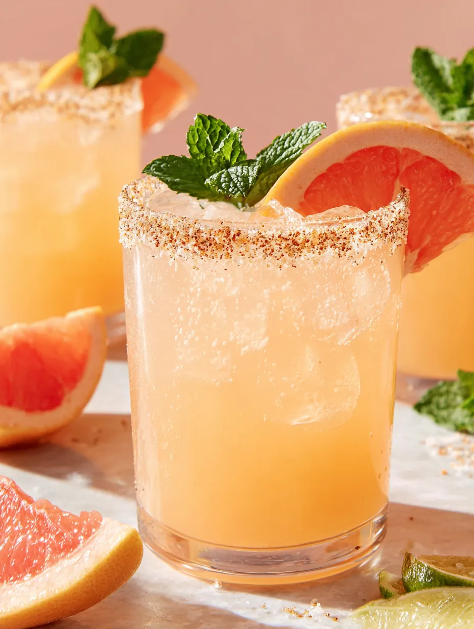 A glass of pitcher palomas with a slice of lemon.