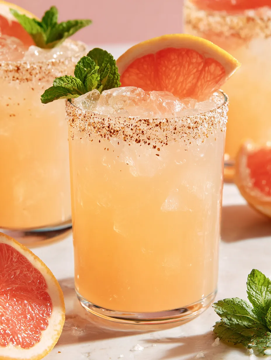 A glass of pitcher palomas with a slice of lemon.