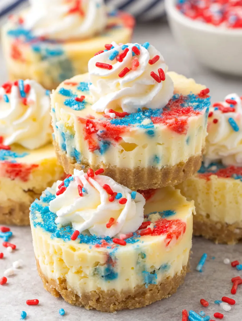 Four mini cheesecakes with red, white and blue frosting.