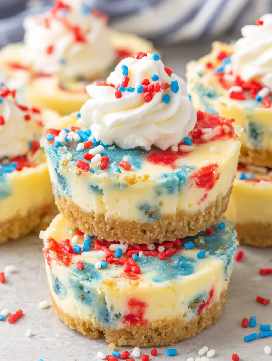 A close up of a patriotic mini cheesecake with blue, red and white frosting.