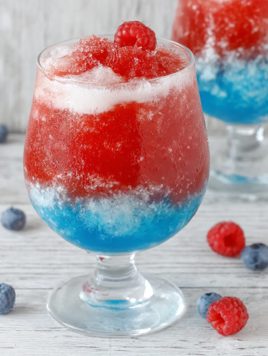 A glass of red, white and blue drink.