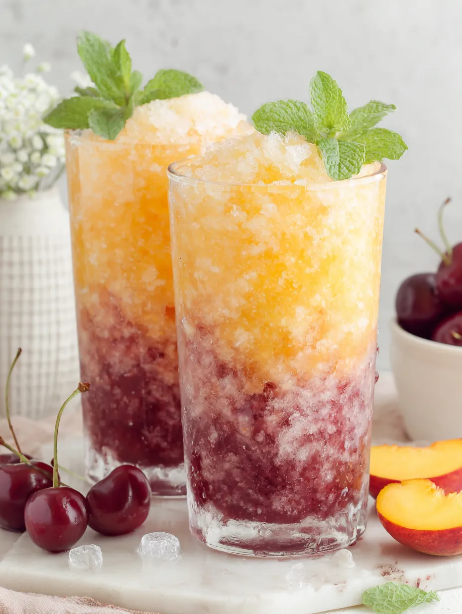 Two glasses of a cherry peach slushie.