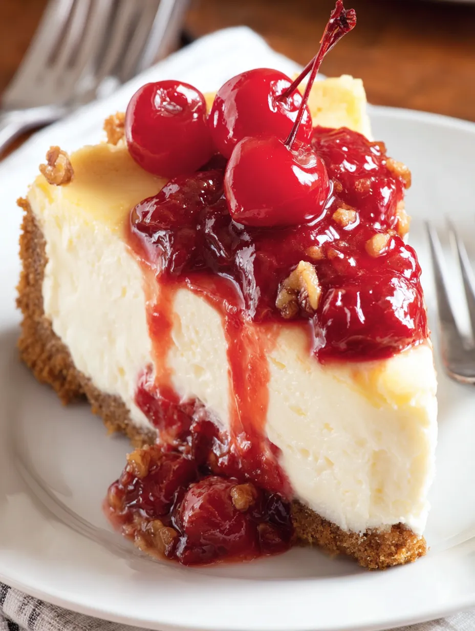 A slice of cherry cheesecake on a plate.