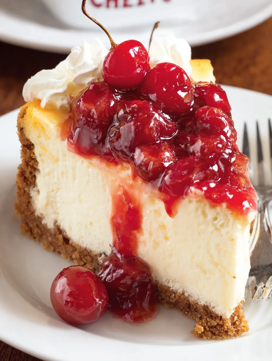 A slice of cherry cheesecake with a fork.