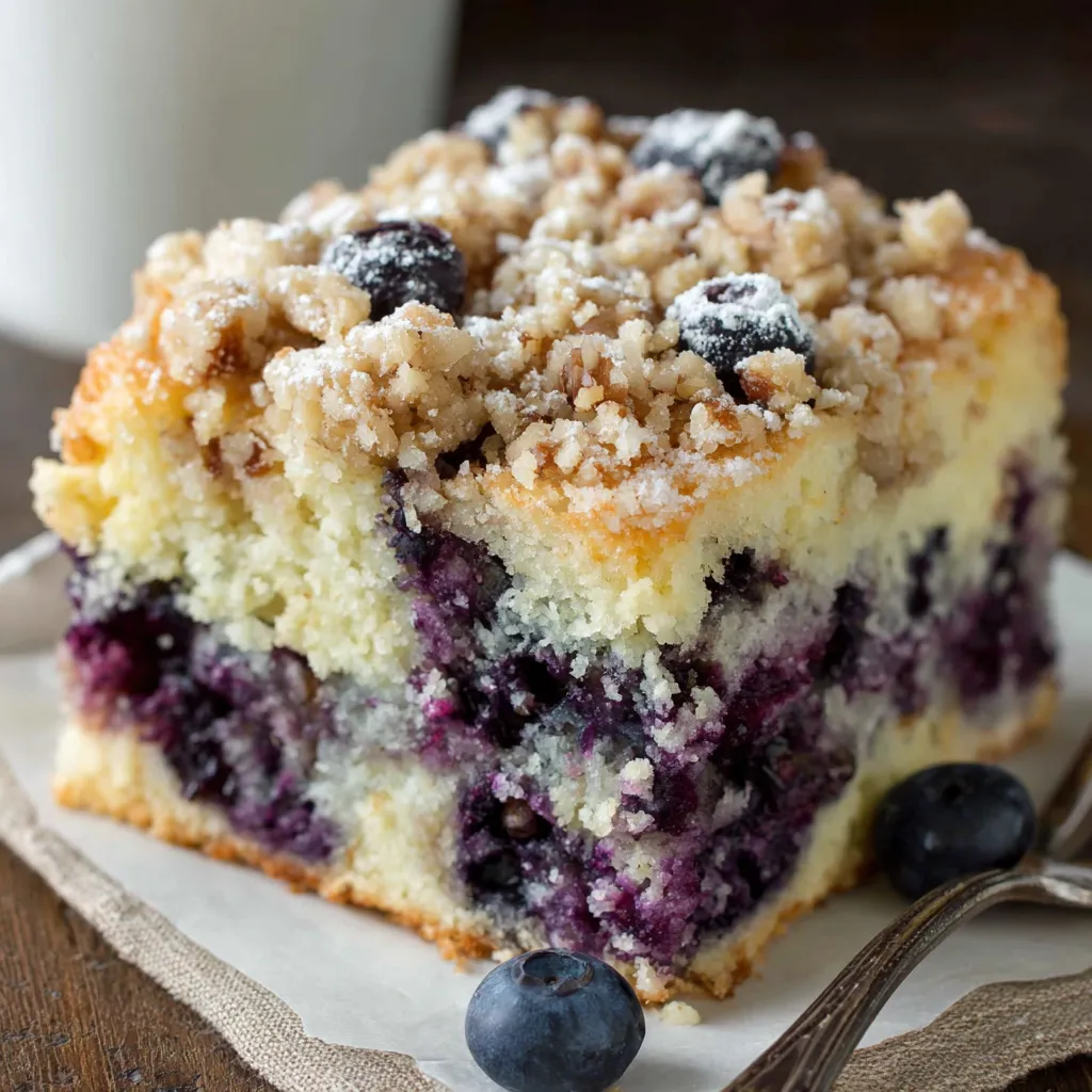 A slice of blueberry breakfast cake on a plate.
