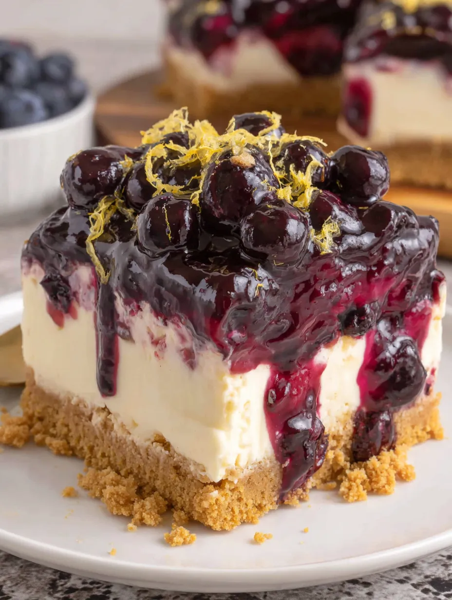A slice of blueberry cheesecake with a crust.