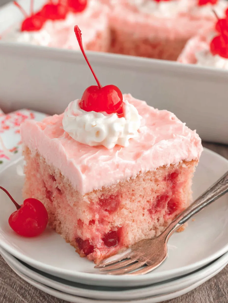 A slice of pink cake with cherries on top.