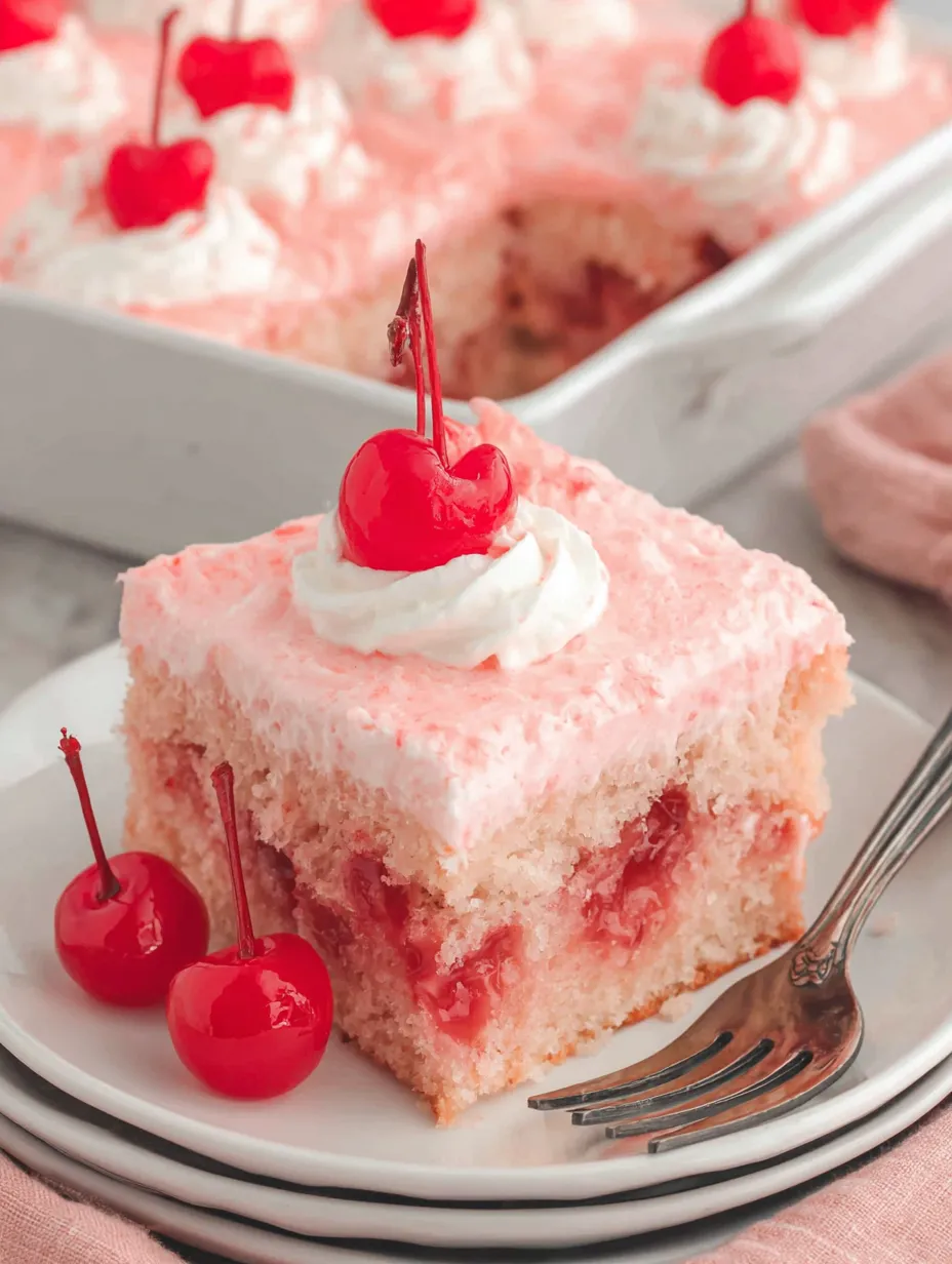 A slice of 6-ingredient cherry cake with a cherry on top.