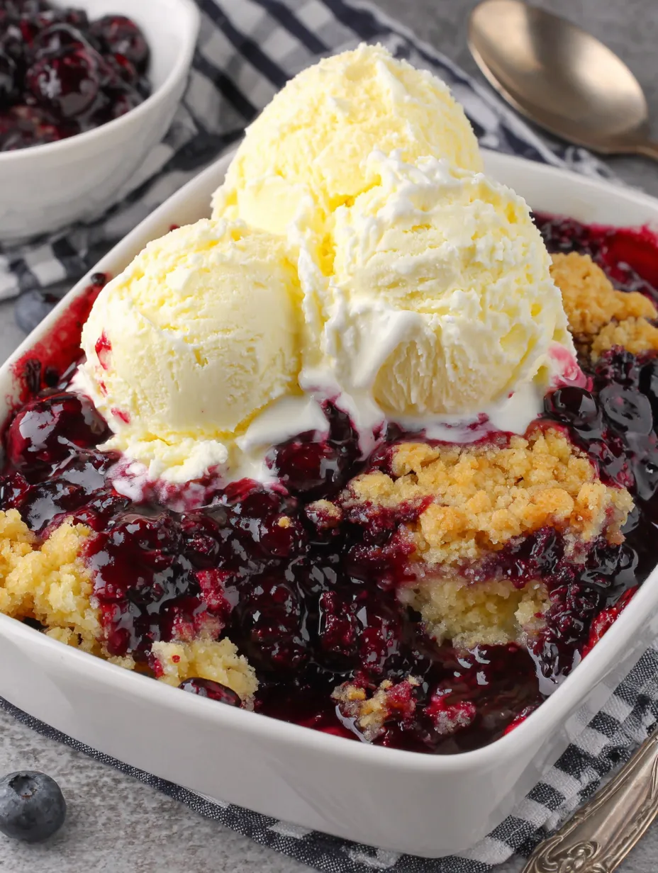 A bowl of blueberry dump cake with ice cream on top.