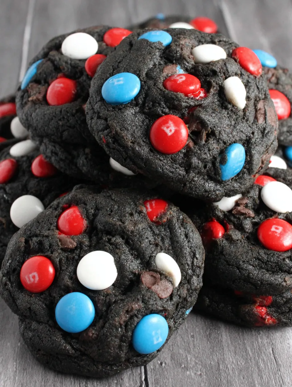 A stack of chocolate cookies with red, white and blue icing.