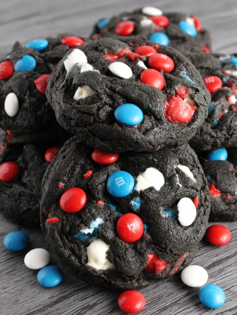 A stack of chocolate cookies with red, white and blue sprinkles.