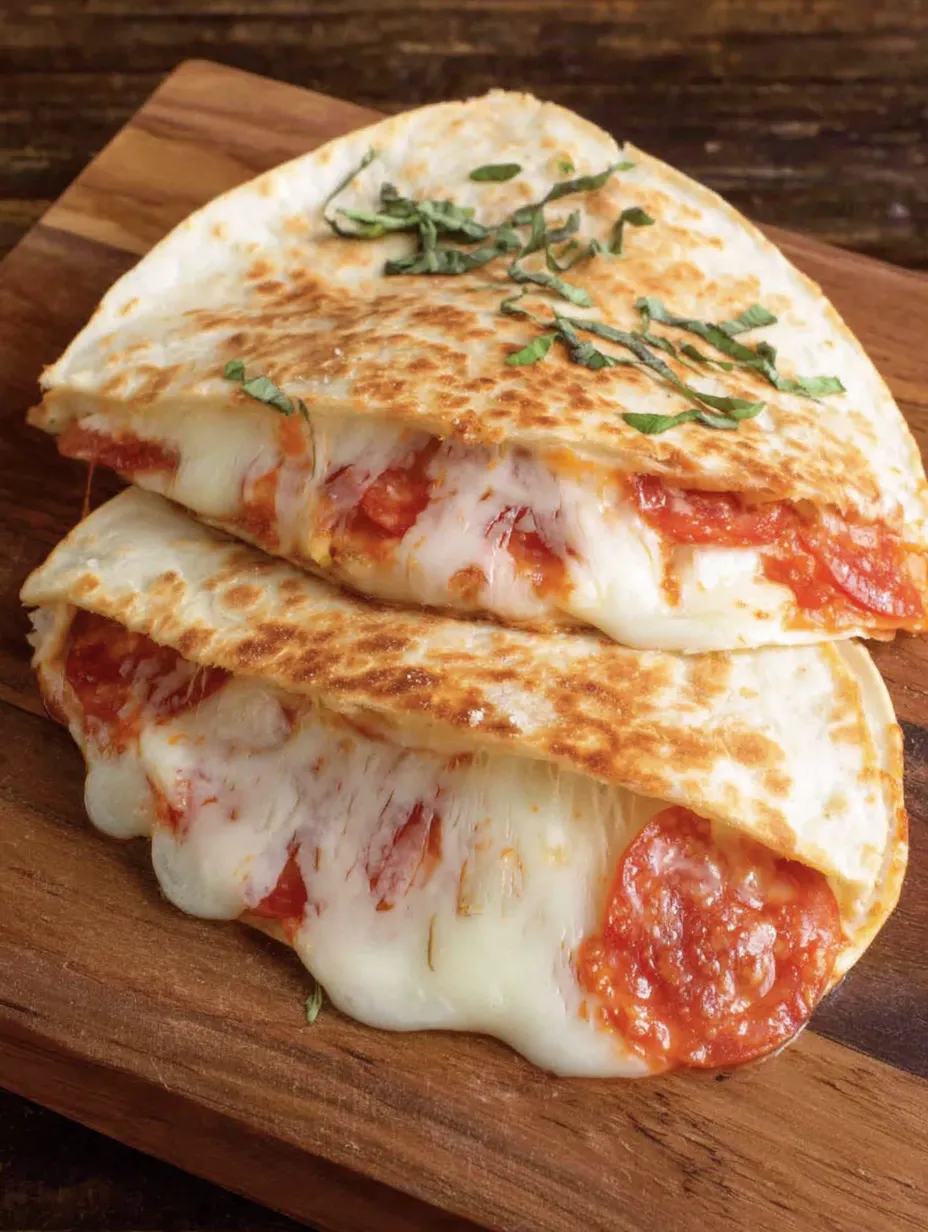 Two quesadillas with cheese and tomato sauce.