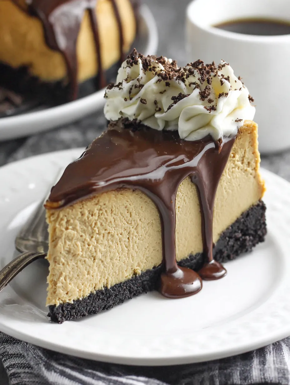 A slice of creamy coffee cheesecake with chocolate drizzle.