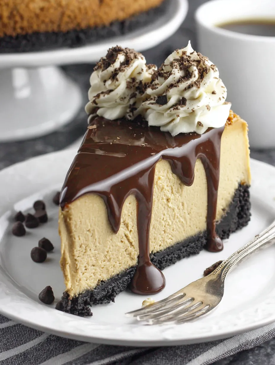 A slice of creamy coffee cheesecake with chocolate drizzle.