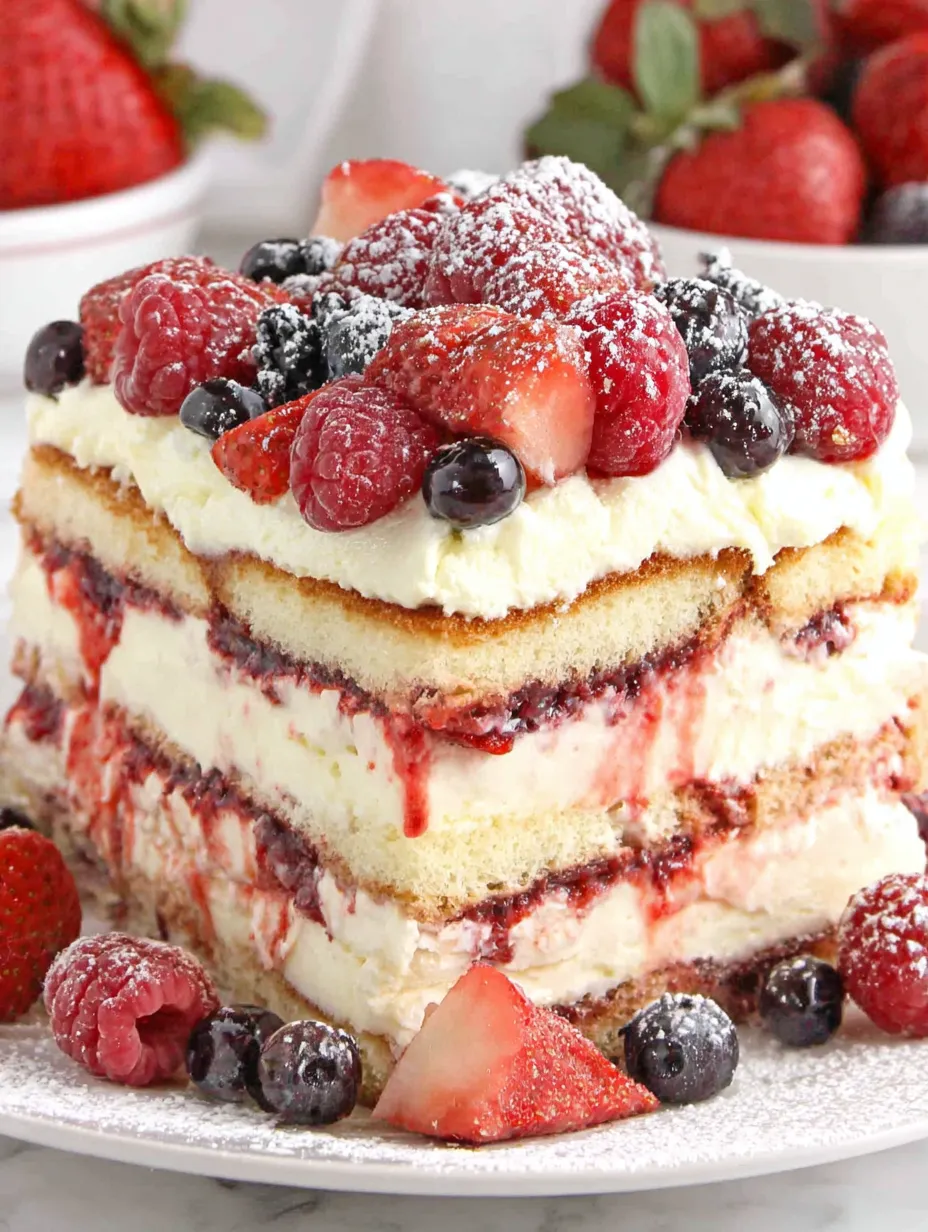 A layered dessert with berries and whipped cream.
