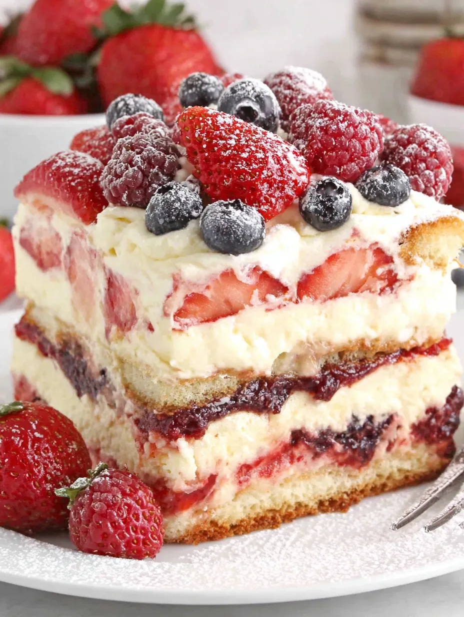 A slice of berry tiramisu cake.