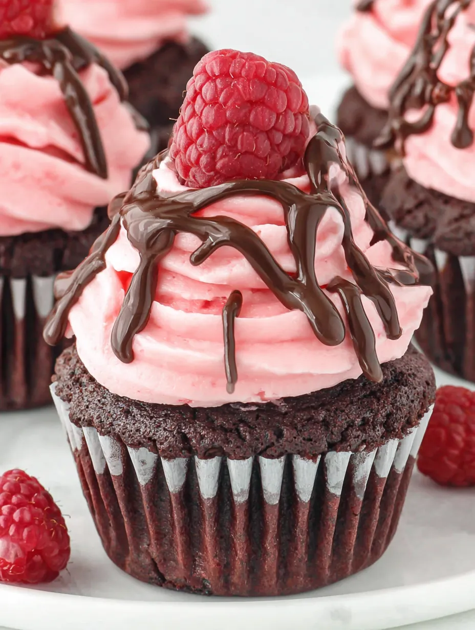 A chocolate cupcake with a raspberry on top.