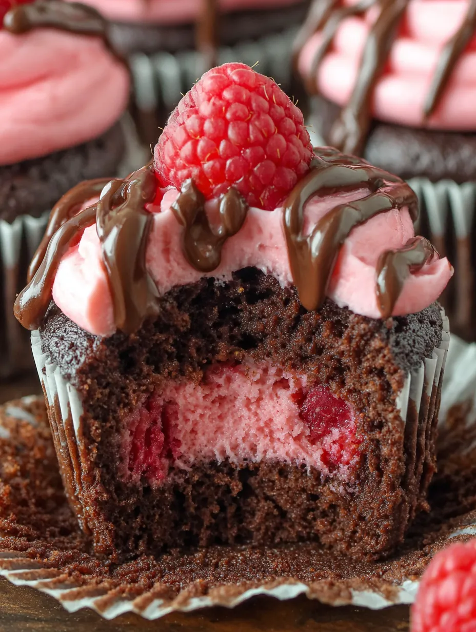 A chocolate cupcake with a raspberry on top.