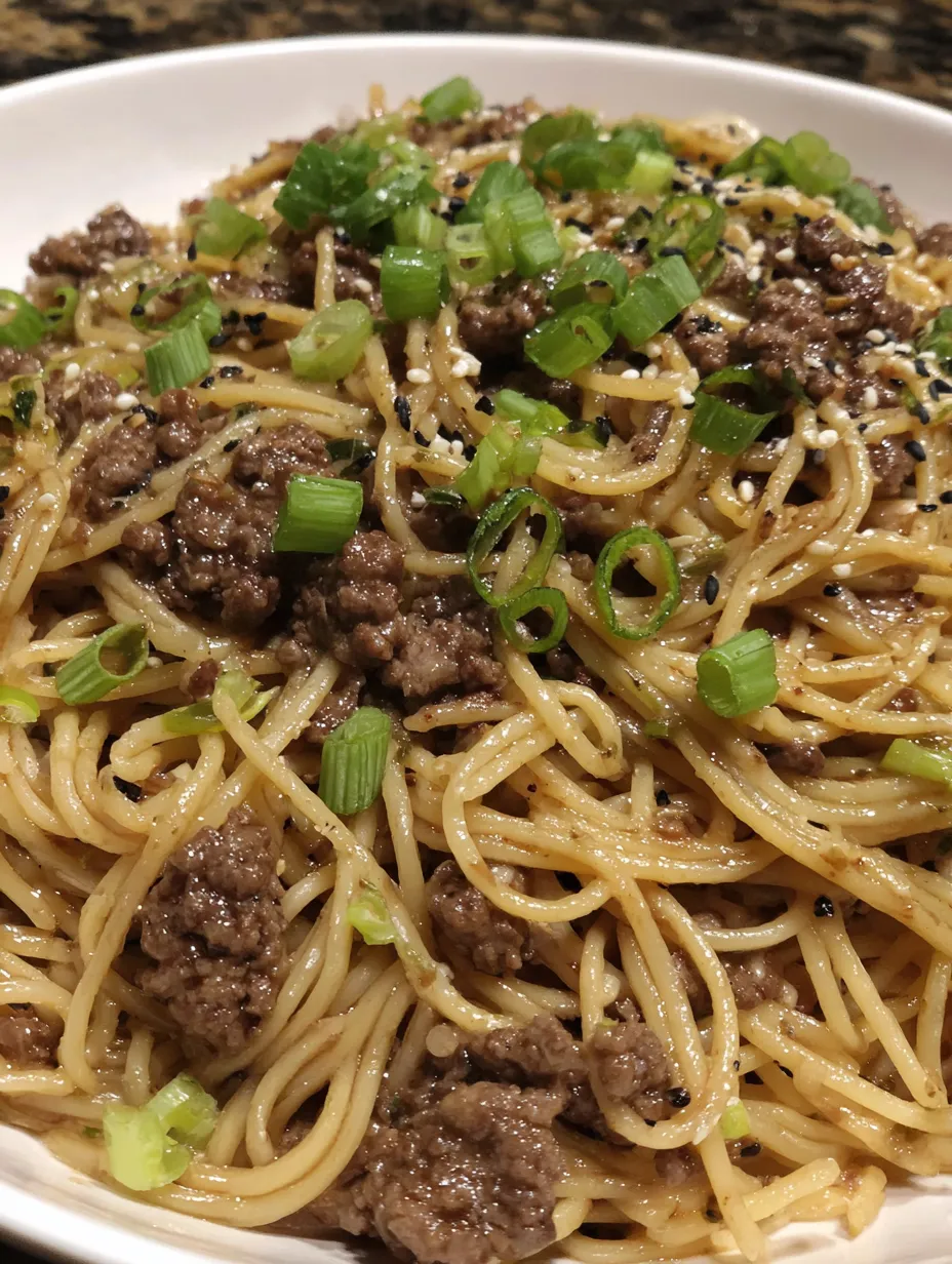 A plate of mongolian ground beef and noodles.