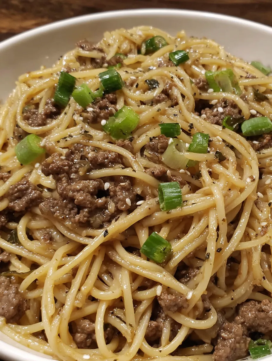 A plate of mongolian ground beef and noodles.