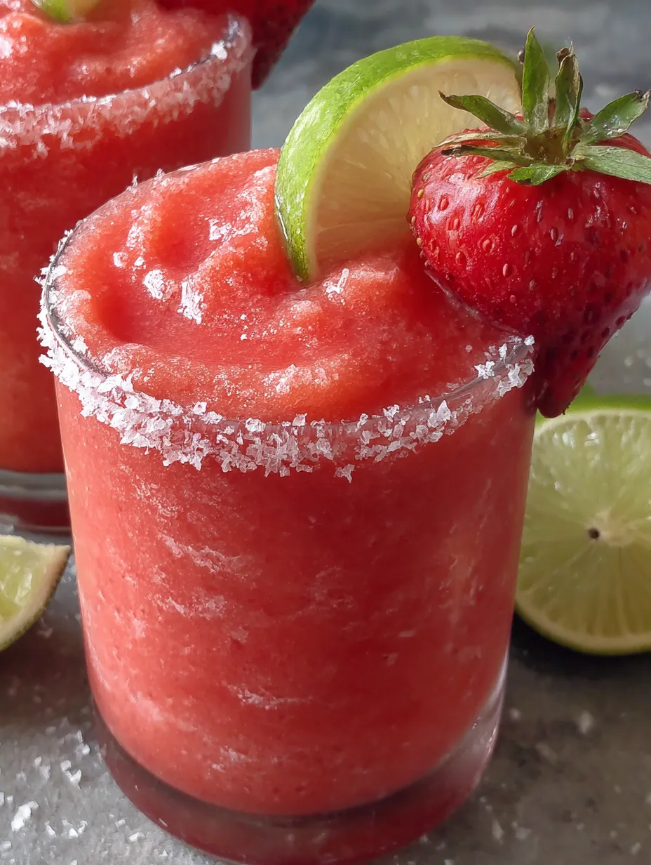 A glass of frozen strawberry margarita with a lime wedge on top.