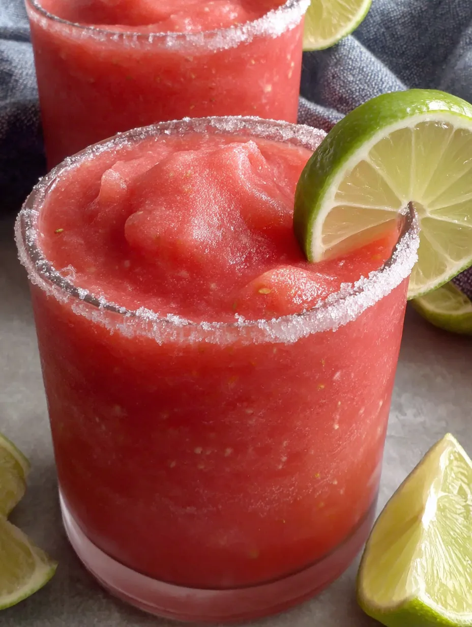 Two glasses of frozen strawberry margaritas.